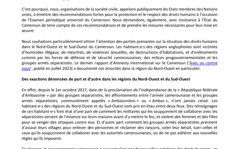 Déclaration conjointe : L’Examen Périodique Universel du Cameroun est une occasiond’appeler les autorités camerounaises à protéger les droits humains dans les régionsanglophones